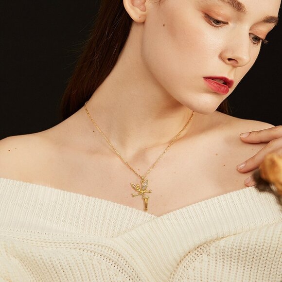 14k Gold Plated Disney Tinkerbell Fairy Wings Pendant with AAAAA Cubic Zirconia - Picture 2 of 9